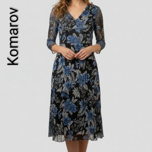 Women's Komarov Black & Blue Floral Pleated Midi Dress with 3/4 sleeves L Lace